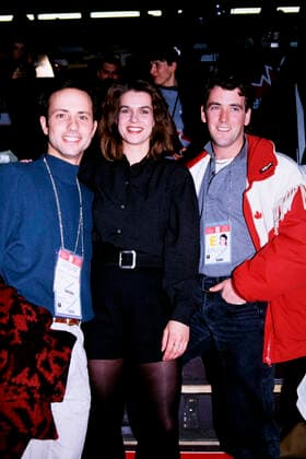 WITT Katarina Olympiasiegerin als TV Fernsehen Kommentatorin auf der Pressetribuehne mit Olympiasieger BOITANO Brian und B.Orser am 17. 02.1992 in Albertville Olympische Winterspiele in Albertville 1992 *** WITT Katarina Olympic Champion as TV commentator on the press stand with Olympic Champion BOITANO Brian and B Orser on 17 02 1992 in Albertville Olympic Winter Games in Albertville 1992