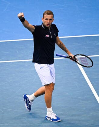 Mandatory Credit: Photo by James Gourley Shutterstock (12709936g) Daniel Evans of Team Great Britain celebrates victory after winning his ATP, Tennis Herren Cup Group Match against Team USA ATP Cup, Tennis, Qudos Bank Arena, Sydney, Australia - 06 Jan 2022 ATP Cup, Tennis, Qudos Bank Arena, Sydney, Australia - 06 Jan 2022  Copyright: xJamesxGourley Shutterstockx 12709936g