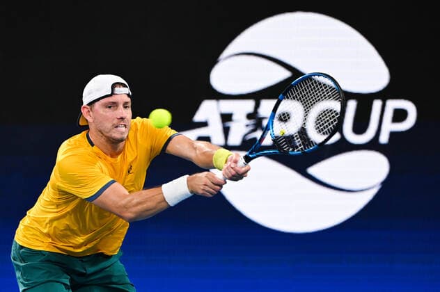 TENNIS ATP, Tennis Herren CUP, James Duckworth of Team Australia in action during his match against Arthur Rinderknech of Team France on Day 6 of the ATP Cup tennis tournament at the Ken Rosewall Arena in Sydney, Thursday, January 6, 2022. ( NO ARCHIVING, EDITORIAL USE ONLY, NO USE IN BOOKS WITHOUT CONSENT SYDNEY NSW AUSTRALIA  Copyright: xJAMESxGOURLEYx 20220106001611189364