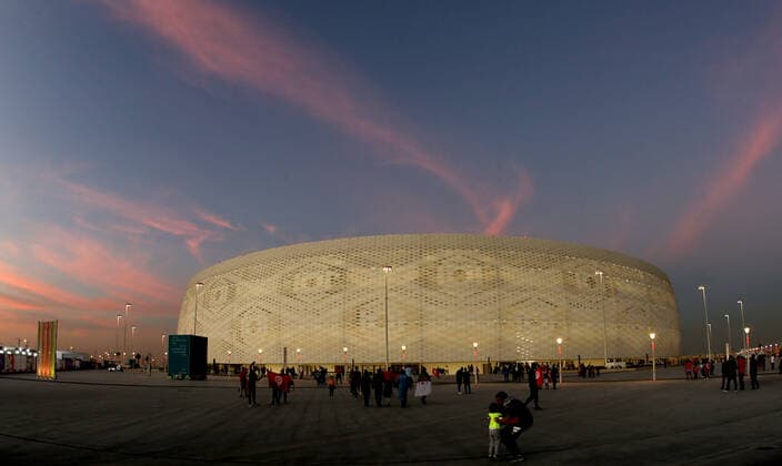 FIFA FuÃŸball WM 2022, SportstÃ¤tten, Al-Thumama Stadion General view of fans outside the Al Thumama Stadium in Al Thumama, Qatar, with a sunset in the background. Taken during the FIFA Arab Cup in the build up to the 2022 FIFA World Cup, WM, Weltmeisterschaft, Fussball Photo by 06 12 2021  Copyright: xx