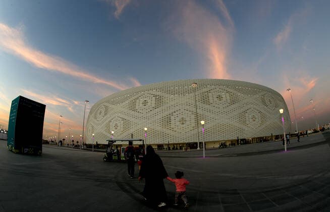 FIFA FuÃŸball WM 2022, SportstÃ¤tten, Al-Thumama Stadion General view of fans outside the Al Thumama Stadium in Al Thumama, Qatar, with a sunset in the background. Taken during the FIFA Arab Cup in the build up to the 2022 FIFA World Cup, WM, Weltmeisterschaft, Fussball Photo by 06 12 2021  Copyright: xx