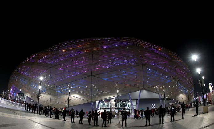 FIFA FuÃŸball WM 2022, SportstÃ¤tten, Education City Stadium General view of fans and security outside the Education City Stadium in Al Rayyan, Qatar. Taken at night time during the FIFA Arab Cup in the build up to the 2022 FIFA World Cup, WM, Weltmeisterschaft, Fussball Photo by 10 12 2021  Copyright: xx