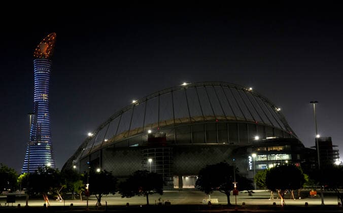 FIFA FuÃŸball WM 2022, SportstÃ¤tten, Khalifa International Stadium General view outside the Khalifa Stadium in Doha, Qatar with the Torch Hotel (left). Taken at night-time in the build up to the 2022 FIFA World Cup, WM, Weltmeisterschaft, Fussball Photo by 14 12 2021  Copyright: xx