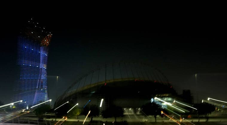 FIFA FuÃŸball WM 2022, SportstÃ¤tten, Khalifa International Stadium General view outside the Khalifa Stadium in Doha, Qatar with the Torch Hotel (left). Taken at night-time in the build up to the 2022 FIFA World Cup, WM, Weltmeisterschaft, Fussball Photo by 14 12 2021  Copyright: xx