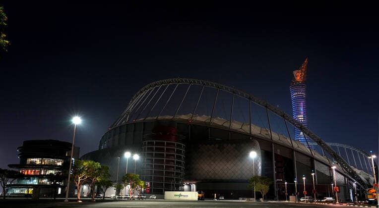 FIFA FuÃŸball WM 2022, SportstÃ¤tten, Khalifa International Stadium General view outside the Khalifa Stadium in Doha, Qatar with the Torch Hotel behind the stadium. Taken at night-time in the build up to the 2022 FIFA World Cup, WM, Weltmeisterschaft, Fussball Photo by 14 12 2021  Copyright: xx