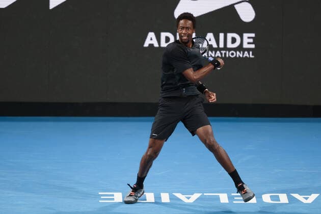 ADELAIDE, AUSTRALIA - JANUARY 06: Gael Monfils of France plays a forehand during the ATP, Tennis Herren singles match between Gael Monfils of France and Juan Manuel Cerundolo of Argentina on day four of the Adelaide International tennis tournament at Memorial Drive on January 06, 2022 in Adelaide, Australia. (Photo by Peter Mundy Speed Media Icon Sportswire) TENNIS: JAN 06 Adelaide International Icon220106213