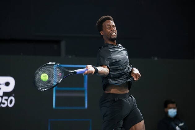 ADELAIDE, AUSTRALIA - JANUARY 06: Gael Monfils of France plays a forehand during the ATP, Tennis Herren singles match between Gael Monfils of France and Juan Manuel Cerundolo of Argentina on day four of the Adelaide International tennis tournament at Memorial Drive on January 06, 2022 in Adelaide, Australia. (Photo by Peter Mundy Speed Media Icon Sportswire) TENNIS: JAN 06 Adelaide International Icon220106226