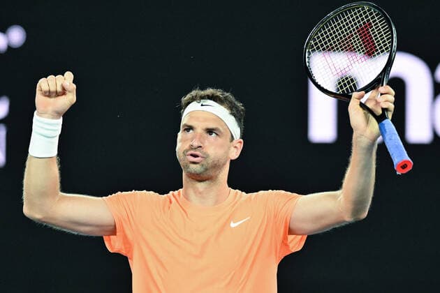 January 7, 2022: Grigor DIMITROV of Bulgaria celebrates after defeating Botic VAN DE ZANDSCHULP of the Netherlands in the menÃ¢â‚¬â ¢s quarter finals singles match at the ATP, Tennis Herren Melbourne Summer Set tennis tournament ahead of the Australian Open Grand Slam in Melbourne, Australia. Cal Media. DIMITROV won 6:7 6:0 7:5 Melbourne Australia - ZUMAc04_ 20220107_zaf_c04_032 Copyright: xSydneyxLowx