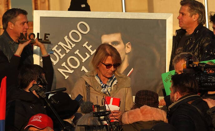 07.01.2022 Belgrade(Serbia) Protest of support to Novak Djokovic Serbian men s tennis player in front of Serbian parliament. Dijana Djokovic(C) mother of Novak Djokovic. While waiting final decision from Australian authorities will they allow to her son to compete at Australian Open later this month. :