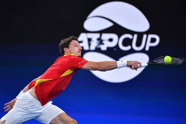 TENNIS ATP, Tennis Herren CUP, Pablo Carreno Busta of Spain in action during the ATP Cup Final against Denis Shapovalov of Canada on Day 9 of the ATP Cup tennis tournament at Ken Rosewall Arena in Sydney, Sunday, January 9, 2022. ( NO ARCHIVING, EDITORIAL USE ONLY, NO USE IN BOOKS WITHOUT CONSENT SYDNEY NSW AUSTRALIA  Copyright: xDEANxLEWINSx 20220109001611961368