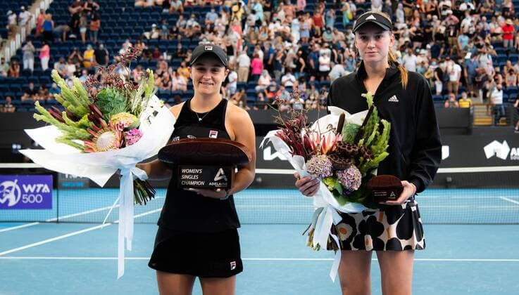 Mandatory Credit: Photo by Rob Prange Shutterstock (12683876af) Ashleigh Barty of Australia & Elena Rybakina of Kazakhstan with their trophies after the final of the 2022 Adelaide International WTA, Tennis Damen 500 tennis tournament Adelaide International, Tennis, Memorial Drive Tennis Centre, Adelaide, Australia - 09 Jan 2022 Adelaide International, Tennis, Memorial Drive Tennis Centre, Adelaide, Australia - 09 Jan 2022  Copyright: xRobxPrange Shutterstockx 12683876af