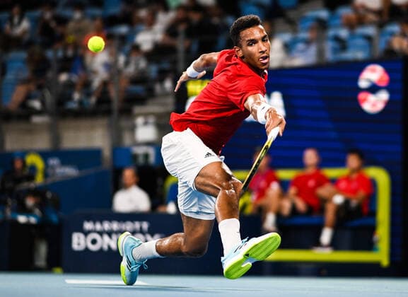 Mandatory Credit: Photo by James Gourley Shutterstock (12745941bp) Felix Auger-Aliassime of Team Canada in action during his Final Match against Team Spain ATP, Tennis Herren Cup Final, Tennis, Ken Rosewall Arena, Sydney, Australia - 09 Jan 2022 ATP Cup Final, Tennis, Ken Rosewall Arena, Sydney, Australia - 09 Jan 2022  Copyright: xJamesxGourley Shutterstockx 12745941bp