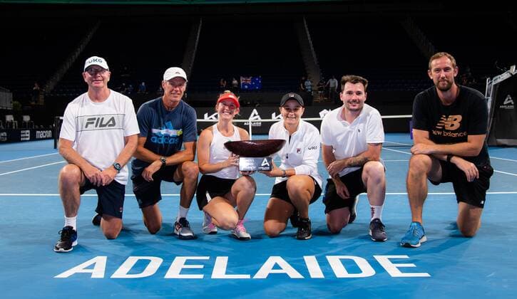 Mandatory Credit: Photo by Rob Prange Shutterstock (12683876av) Storm Sanders & Ashleigh Barty of Australia and coaches with their champions trophies after winning the doubles final of the 2022 Adelaide International WTA, Tennis Damen 500 tennis tournament Adelaide International, Tennis, Memorial Drive Tennis Centre, Adelaide, Australia - 09 Jan 2022 Adelaide International, Tennis, Memorial Drive Tennis Centre, Adelaide, Australia - 09 Jan 2022  Copyright: xRobxPrange Shutterstockx 12683876av