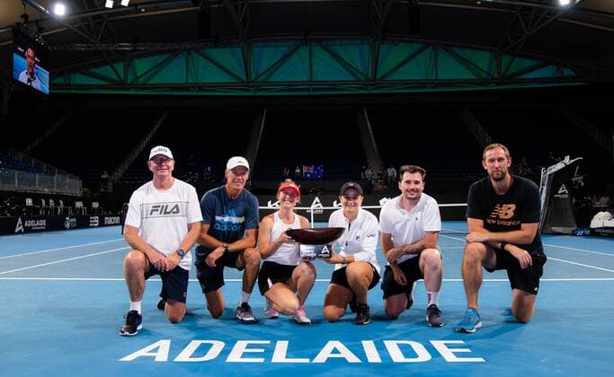 Mandatory Credit: Photo by Rob Prange Shutterstock (12683876aw) Storm Sanders & Ashleigh Barty of Australia and coaches with their champions trophies after winning the doubles final of the 2022 Adelaide International WTA, Tennis Damen 500 tennis tournament Adelaide International, Tennis, Memorial Drive Tennis Centre, Adelaide, Australia - 09 Jan 2022 Adelaide International, Tennis, Memorial Drive Tennis Centre, Adelaide, Australia - 09 Jan 2022  Copyright: xRobxPrange Shutterstockx 12683876aw