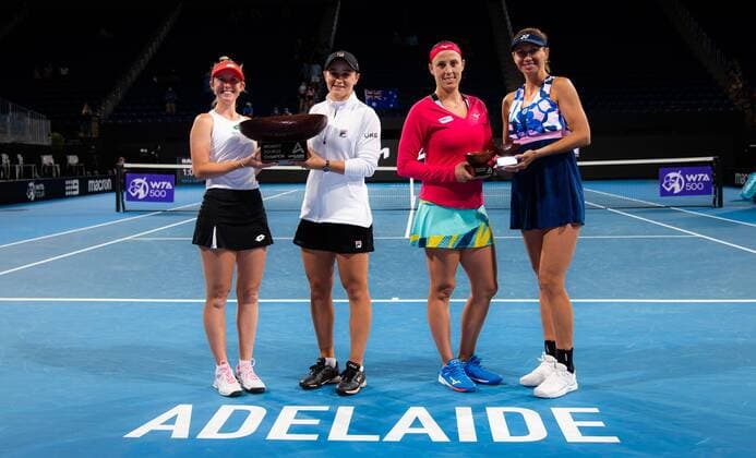 Mandatory Credit: Photo by Rob Prange Shutterstock (12683876bg) Ashleigh Barty of Australia & Storm Sanders of Australia and Andreja Klepac of Slovenia & Darija Jurak Schreiber of Croatia with their runner-up trophies after the doubles final of the 2022 Adelaide International WTA, Tennis Damen 500 tennis tournament Adelaide International, Tennis, Memorial Drive Tennis Centre, Adelaide, Australia - 09 Jan 2022 Adelaide International, Tennis, Memorial Drive Tennis Centre, Adelaide, Australia - 09 Jan 2022  Copyright: xRobxPrange Shutterstockx 12683876bg