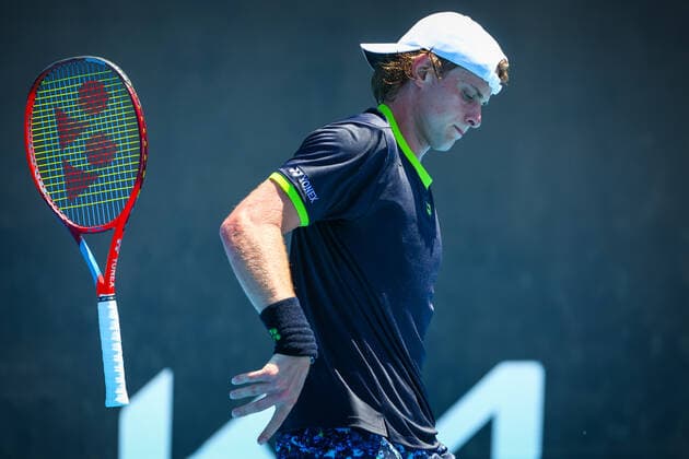 Belgian Zizou Bergs throws away his racket during a first round game of the men s qualifications between Belgian Zizou Bergs ATP, Tennis Herren 192) and Ukraine s Sachko (ATP 244) ahead of the Australian Open tennis Grand Slam, Monday 10 January 2022 in Melbourne Park, Melbourne, Australia. Bergs had to abandon injured in the third set. The 2022 edition of the Australian Grand Slam takes place in the ongoing pandemy. PATRICKxHAMILTON  x3169964x
