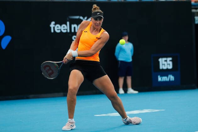 Beatriz Haddad Maia of Brazil plays a forehand to Belinda Bencic of Switzerland in the first round during the Sydney Tennis Classic 2022 at Sydney Olympic Park Tennis Centre, Sydney, Australia on 11 January 2022. Copyright: xPeterxDovganx 30470059