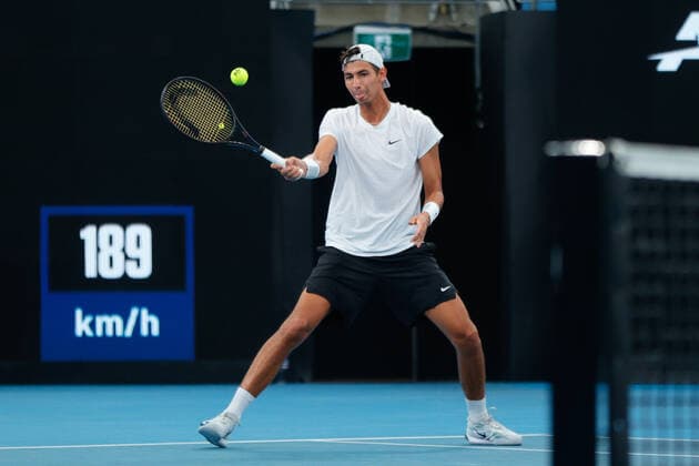 Alexei Popyrin of Australia plays a forehand against Pedro Martinez of Spain during the Sydney Tennis Classic 2022 at Sydney Olympic Park Tennis Centre, Sydney, Australia on 11 January 2022. Copyright: xPeterxDovganx 30470069