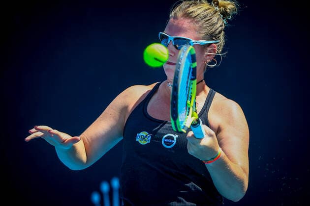Belgian Bonaventure WTA, Tennis Damen 235) pictured in action during a first round game of the women s qualifications against Romania s Buzarnescu (WTA 122) ahead of the Australian Open tennis Grand Slam, Tuesday 11 January 2022 in Melbourne Park, Melbourne, Australia. The 2022 edition of the Australian Grand Slam takes place in the ongoing pandemic. PATRICKxHAMILTON  x3171441x