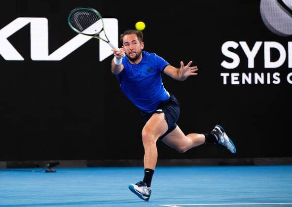 Mandatory Credit: Photo by Shutterstock (12755368af) Viktor Durasovic in action during his Round of 32 match Sydney Tennis Classic, Day 2, Tennis, Olympic Park, Sydney, Australia - 11 Jan 2022 Sydney Tennis Classic, Day 2, Tennis, Olympic Park, Sydney, Australia - 11 Jan 2022 Copyright: xShutterstockx 12755368af