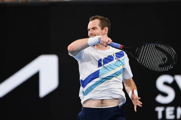 SYDNEY, AUSTRALIA - JANUARY 11: Andy Murray of Great Britain plays a forehand during the Sydney Classic Tennis match between Viktor Durasovic of Norway and Andy Murray of Great Britain at Ken Rosewall Arena on January 11, 2022 in Sydney, Australia. (Photo by Steven Markham Icon Sportswire) TENNIS: JAN 11 Sydney Classic Icon2201110005