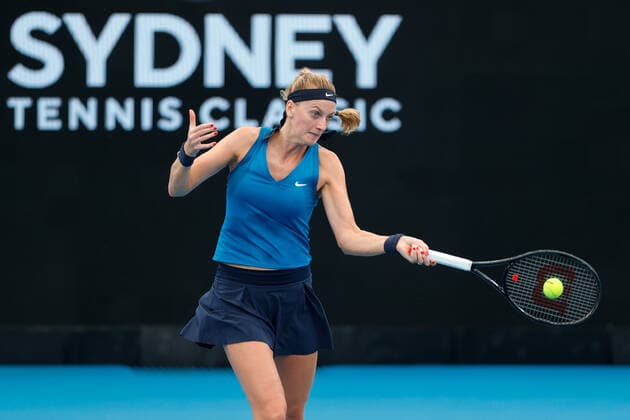 Petra Kvitova of Czech Republic plays a forehand against Ons Jabeur of Tunisia during the Round of 16 match at the Sydney Tennis Classic 2022 at Sydney Olympic Park Tennis Centre, Sydney, Australia on 12 January 2022. Copyright: xPeterxDovganx 30470201