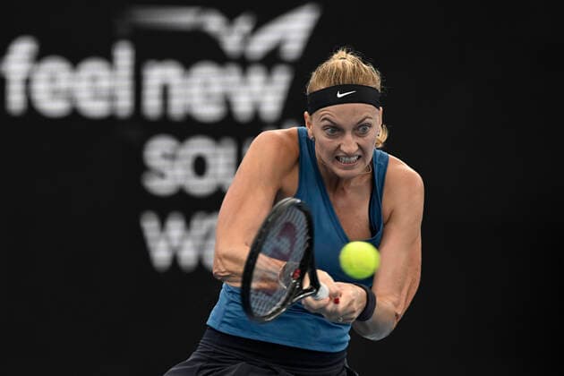 12th January 2022: Ken Rosewall Arena, Sydney Olympic Park, Sydney, Australia; Sydney Tennis Classic, Day 4: Petra Kvitova of Czechoslovakia hits a backhand to Ons Jabeur of Tunisia  ActionPlus12355540 NigelxOwen