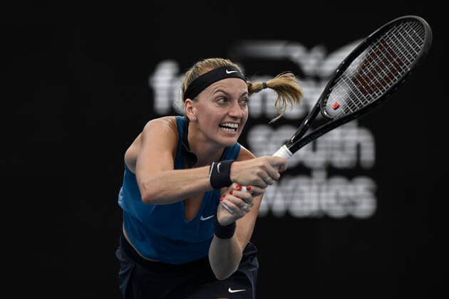12th January 2022: Ken Rosewall Arena, Sydney Olympic Park, Sydney, Australia; Sydney Tennis Classic, Day 4: Petra Kvitova of Czechoslovakia hits a backhand to Ons Jabeur of Tunisia  ActionPlus12355547 NigelxOwen