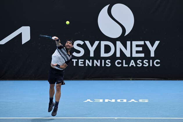 12th January 2022: Sydney Olympic Park, Sydney, Australia; Sydney Tennis Classic, Day 4: Fabio Fognini of Italy serves to Brandon Nakashima of USA  ActionPlus12355551 NigelxOwen