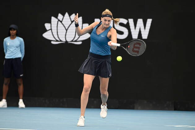 12th January 2022: Ken Rosewall Arena, Sydney Olympic Park, Sydney, Australia; Sydney Tennis Classic, Day 4: Petra Kvitova of Czechoslovakia hits a forehand to Ons Jabeur of Tunisia  ActionPlus12355529 NigelxOwen