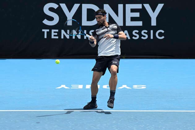 12th January 2022: Sydney Olympic Park, Sydney, Australia; Sydney Tennis Classic, Day 4: Fabio Fognini of Italy hits a forehand to Brandon Nakashima of USA  ActionPlus12355556 NigelxOwen