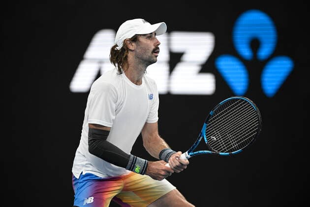 12th January 2022: Ken Rosewall Arena, Sydney Olympic Park, Sydney, Australia; Sydney Tennis Classic, Day 4: Jordan Thompson of Australia prepares to receive serve from Reilly Opelka of USA  ActionPlus12355647 NigelxOwen