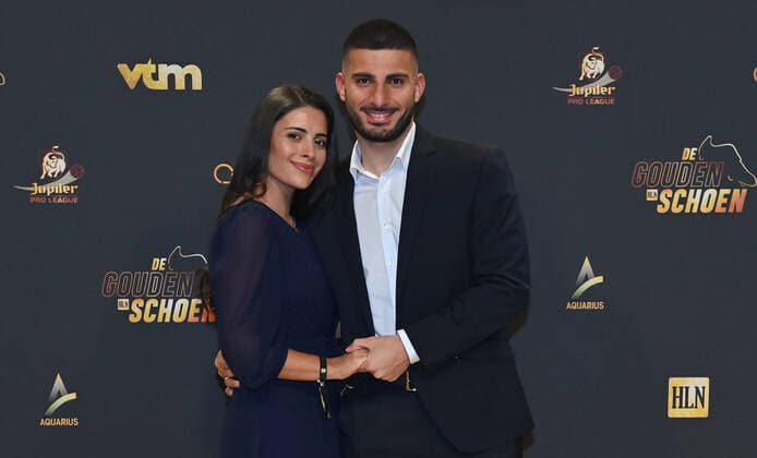 Union s Deniz Undav and her partner pictured on the red carpet at the arrival for the 68th edition of the Golden Shoe award ceremony, Wednesday 12 January 2022, in Puurs. The Golden Shoe (Gouden Schoen Soulier d Or) is an award for the best soccer player of the Belgian Jupiler Pro League championship during the calender year 2019. DIRKxWAEM  x06898461x
