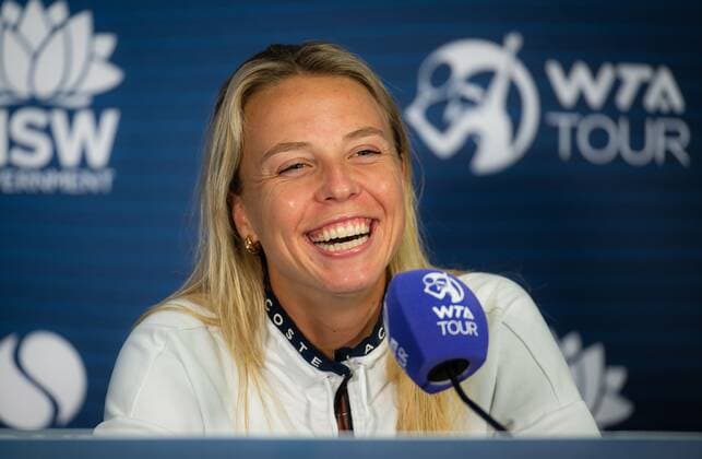 Mandatory Credit: Photo by Rob Prange Shutterstock (12751288bk) Anett Kontaveit of Estonia talks to the media after the quarter-final of the 2022 Sydney Tennis Classic WTA, Tennis Damen 500 tennis tournament Sydney Tennis Classic, Day 4, Tennis, Olympic Park, Sydney, Australia - 13 Jan 2022 Sydney Tennis Classic, Day 4, Tennis, Olympic Park, Sydney, Australia - 13 Jan 2022  Copyright: xRobxPrange Shutterstockx 12751288bk