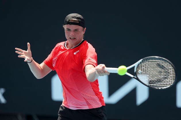 Dominic Stricker (SUI), Qualifikationsrunde, Australian Open 2022 Tennis - Australian Open 2022 - Grand Slam - Melbourne Park - Melbourne - Victoria - Australia - 13 January 2022. Copyright: xJuergenxHasenkopfx