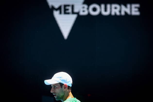 Serbian Novak Djokovic ATP, Tennis Herren 1) reacts during training ahead of the Australian Open Grand Slam tennis tournament, Monday 10 January 2022 in Melbourne Park, Melbourne, Australia. The 2022 edition of the Australian Grand Slam takes place in the ongoing pandemic. Serbian tennis player Novak Djokovic s visa was suspended after he allegedly did not comply with the sanitation regulations for people wishing to enter Austsralia. He was detained in the hotel until a judge broke the ruling earlier Monday. PATRICKxHAMILTON  x3172532x
