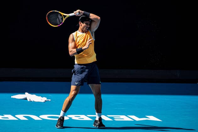 TENNIS AUSTRALIAN OPEN PRACTICE SESSIONS, Rafael Nadal of Spain is seen in action during a practice session ahead of the Australian Open, at Melbourne Park, in Melbourne, Thursday, January 13, 2022. ( NO ARCHIVING, EDITORIAL USE ONLY, NO USE IN BOOKS WITHOUT CONSENT MELBOURNE VIC AUSTRALIA  Copyright: xDIEGOxFEDELEx 20220113001613006314