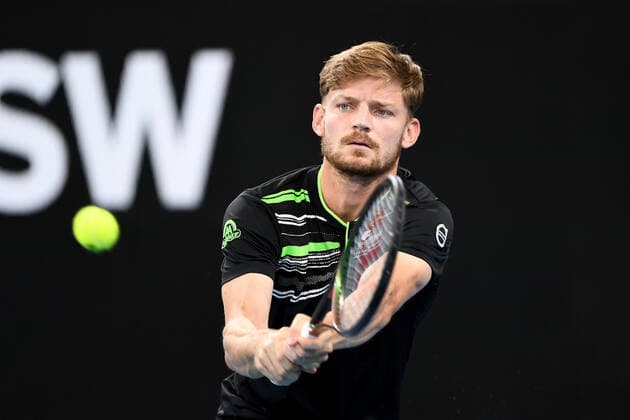 SYDNEY, AUSTRALIA - JANUARY 13: David Goffin of Belgium plays a backhand during the Sydney Classic Tennis match between Andy Murray of Great Britain and David Goffin of Belgium at Ken Rosewall Arena on January 13, 2022 in Sydney, Australia. (Photo by Steven Markham Icon Sportswire) TENNIS: JAN 13 Sydney Classic Icon2201130163