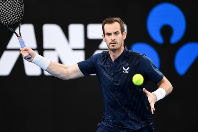 SYDNEY, AUSTRALIA - JANUARY 13: Andy Murray of Great Britain plays a forehand during the Sydney Classic Tennis match between Andy Murray of Great Britain and David Goffin of Belgium at Ken Rosewall Arena on January 13, 2022 in Sydney, Australia. (Photo by Steven Markham Icon Sportswire) TENNIS: JAN 13 Sydney Classic Icon2201130168