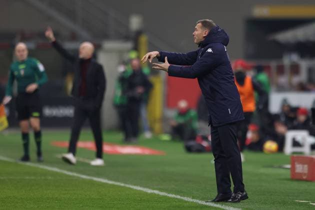 Milan, Italy, 13th January 2022. Andriy Shevchenko Head coach of Genoa CFC reacts during the Coppa Italia match at Giuseppe Meazza, Milan. Picture credit should read: Jonathan Moscrop Sportimage EDITORIAL USE ONLY. No use with unauthorised audio, video, data, fixture lists, club league logos or live services. Online in-match use limited to 120 images, no video emulation. No use in betting, games or single club league player publications. SPI-1440-0009