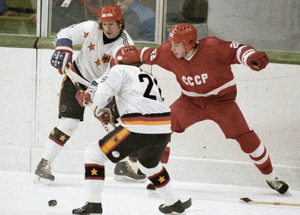 HOCKEY GERMANY USSR Olympic Games, Olympische Spiele, Olympia, OS 58144 06.02.1984 USSR hockey team versus Germany, 14th Winter Olympic Games. Dmitryi Donskoy Sputnik Sarajevo Bosnia and Herzegovina  Copyright: xDmitryixDonskoyx