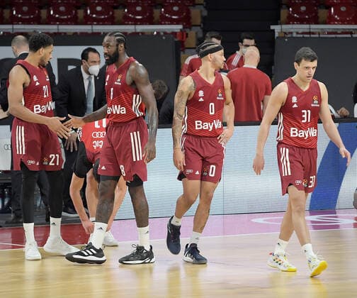 13.01.2022, xemx, Basketball Euroleague, FC Bayern Muenchen - AS Monaco emspor, v.l. Augustine Rubit (FC Bayern Basketball), Othello Hunter (FC Bayern Basketball), Nick Weiler-Babb (FC Bayern Basketball), Zan Mark Sisko (FC Bayern Basketball) Muenchen