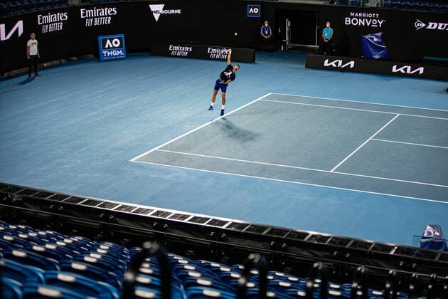 TENNIS AUSTRALIAN OPEN PRACTICE SESSIONS, Novak Djokovic of Serbia in action during a practice session ahead of the Australian Open at Melbourne Park in Melbourne, Friday, January 14, 2022. ( NO ARCHIVING, EDITORIAL USE ONLY, NO USE IN BOOKS WITHOUT CONSENT MELBOURNE VIC AUSTRALIA  Copyright: xDIEGOxFEDELEx 20220114001613216169