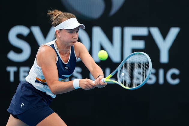 Barbora Krejcikova of Czech Republic plays a backhand against Anett Kontaveit of Estonia during the WomenÕs Semi Final at the Sydney Tennis Classic 2022 at Sydney Olympic Park Tennis Centre, Sydney, Australia on 14 January 2022. Copyright: xPeterxDovganx 30470572
