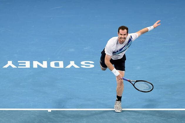 SYDNEY, AUSTRALIA - JANUARY 14: Andy Murray of Great Britain serves the ball during the Sydney Classic Tennis match between Andy Murray of Great Britain and Reilly Opelka of USA at Ken Rosewall Arena on January 14, 2022 in Sydney, Australia. (Photo by Steven Markham Icon Sportswire) TENNIS: JAN 14 Sydney Classic Icon2201140086