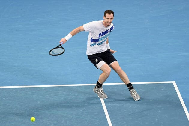 SYDNEY, AUSTRALIA - JANUARY 14: Andy Murray of Great Britain plays a backhand during the Sydney Classic Tennis match between Andy Murray of Great Britain and Reilly Opelka of USA at Ken Rosewall Arena on January 14, 2022 in Sydney, Australia. (Photo by Steven Markham Icon Sportswire) TENNIS: JAN 14 Sydney Classic Icon2201140089