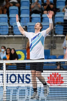 SYDNEY, AUSTRALIA - JANUARY 14: Andy Murray of Great Britain celebrates after winning his semifinal match at the Sydney Classic Tennis match between Andy Murray of Great Britain and Reilly Opelka of USA at Ken Rosewall Arena on January 14, 2022 in Sydney, Australia. (Photo by Steven Markham Icon Sportswire) TENNIS: JAN 14 Sydney Classic Icon2201140103