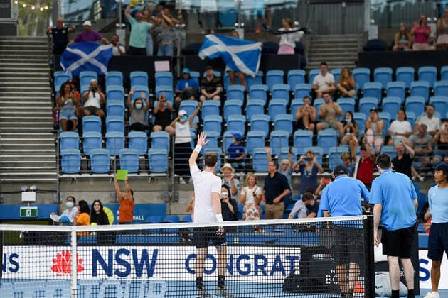 SYDNEY, AUSTRALIA - JANUARY 14: Andy Murray of Great Britain celebrates after winning his semifinal match at the Sydney Classic Tennis match between Andy Murray of Great Britain and Reilly Opelka of USA at Ken Rosewall Arena on January 14, 2022 in Sydney, Australia. (Photo by Steven Markham Icon Sportswire) TENNIS: JAN 14 Sydney Classic Icon2201140107