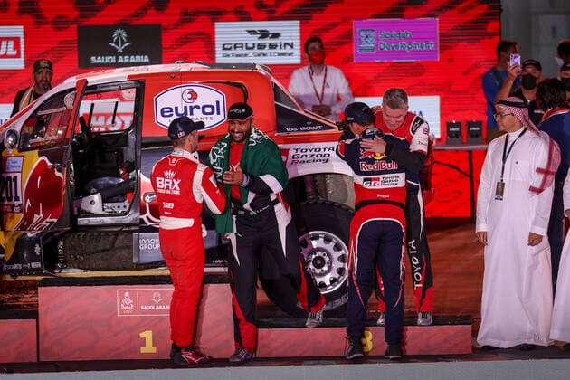 201 Al-Attiyah Nasser (qat), Baumel Batthieu (fra), Toyota Gazoo Racing, Toyota GR DKR Hilux T1+, Auto FIA T1 T2, W2RC, portrait, podium with 211 Loeb Sebastien (fra), Lurquin Fabian (bel), Bahrain Raid Xtreme, BRX Prodrive Hunter T1+, Auto FIA T1 T2, W2RC and 205 Al Rajhi Yazeed (sau), Orr Michael (gbr), Overdrive Toyota, Toyota Hilux Overdrive, Auto FIA T1 T2, W2RC during the Podium Finish of the Dakar Rally 2022, on January 14th 2022 in Jeddah, Saudi Arabia - AUTO - DAKAR 2022 - PODIUM FINISH DPPI Panoramic JDR55412