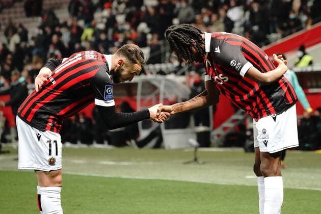 Joie - Khephren Thuram (OGC Nice) - Amine Gouiri (OGC Nice) FOOTBALL : OGC Nice vs FC Nantes - Ligue 1 Uber Eats - Nice - 14 01 2021 NorbertScanella Panoramic 